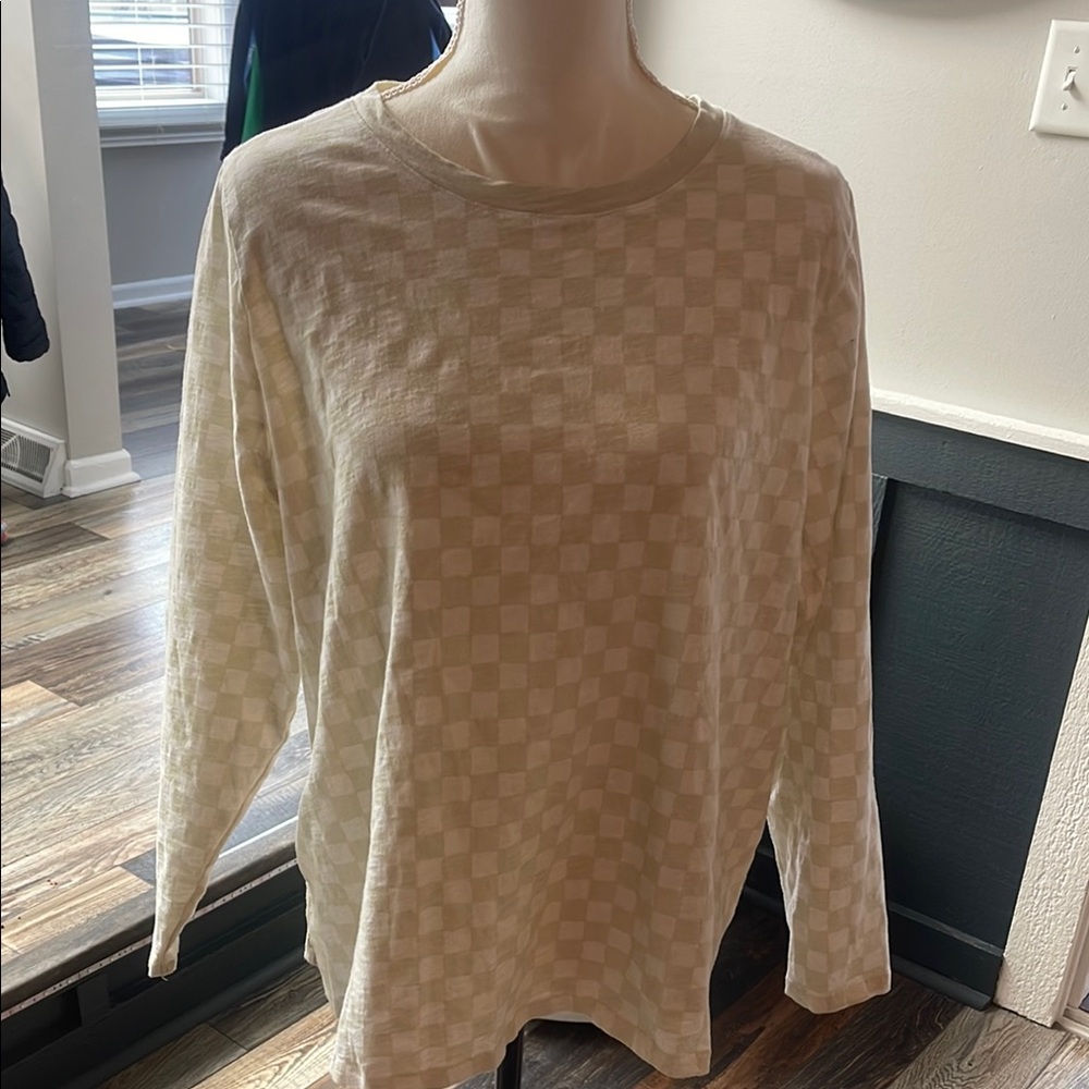 Cream Checkered Long Sleeve Top